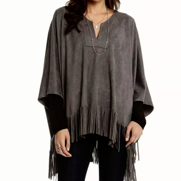 Joseph Ribkoff Faux Suede Fringe Hem Poncho Grey Western Boho Top